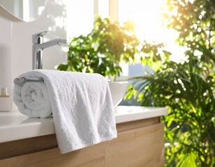 A fluffy white towel draped over a heated towel rail. Sunlight streams.