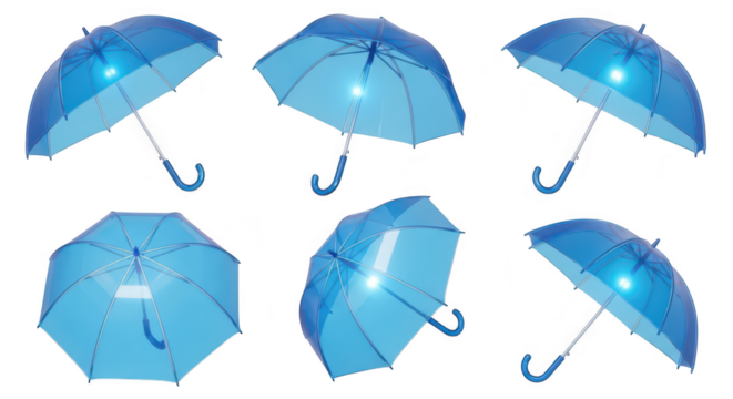 6 blue transparent umbrellas in various open positions against a white background showcasing weather protection possibilities - Powered by Adobe