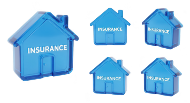 Blue transparent house models with Insurance text on a white backdrop illustrating property coverage concepts for financial security - Powered by Adobe