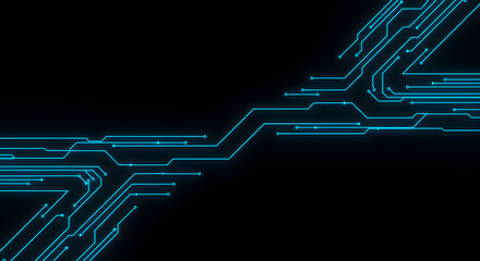 Abstract Glowing Blue Circuit Board Design on Black Background.