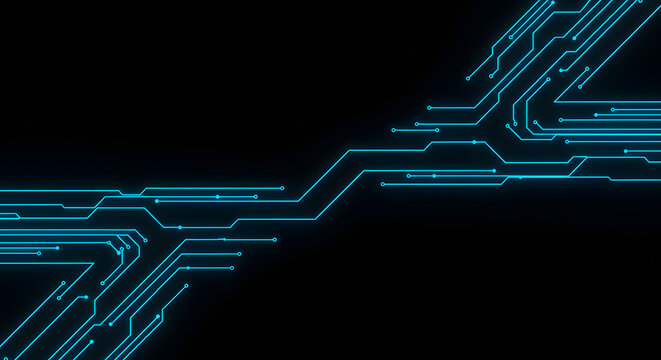 Abstract Glowing Blue Circuit Board Design on Black Background.