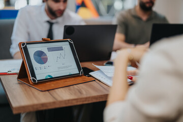 A digital tablet showcasing data graphs sits on a table, surrounded by coworkers engaged in collaborative work, emphasizing teamwork and analytics in a business setting.