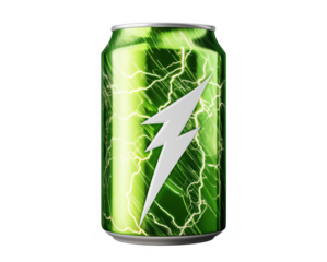 Green energy drink can with white lightning bolt graphic on transparent background