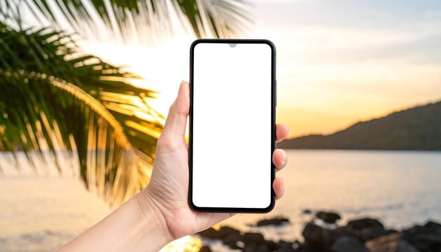 Smartphone held at sunset beach - Powered by Adobe