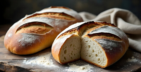 Rustic composition of freshly baked artisan bread loaves on a wooden board, 