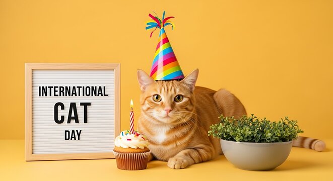 Ginger cat celebrates international cat day with party hat and cupcake