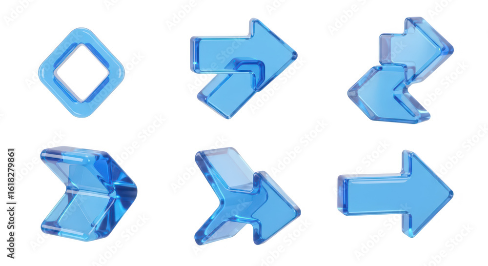 Poster transparent blue directional arrows and shape pointing in various directions on a pure white backgro