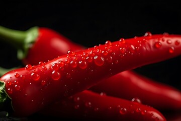Close up of red chili peppers with water droplets on a dark background