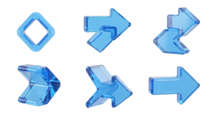 Transparent blue directional arrows and shape pointing in various directions on a pure white background for user interface and design