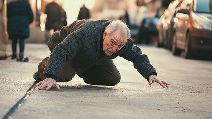 An elderly person about to fall, stumbling but still trying to regain balance, arms flailing slightly, with an expression of alarm.