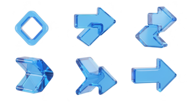 Transparent blue directional arrows and shape pointing in various directions on a pure white background for user interface and design