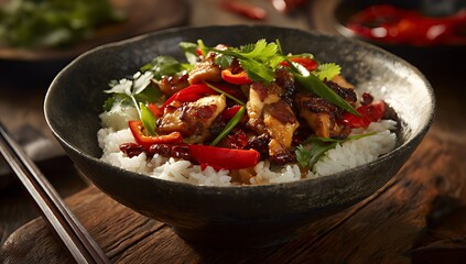 Delicious Sweet and Sour Chicken Over Rice, Ready to Eat, Close-up of a bowl of savory sweet and sour chicken over a bed of fluffy white rice.