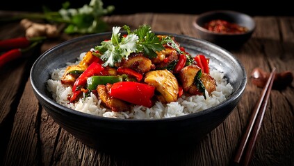 Delicious Sweet and Sour Chicken Over Rice, Ready to Eat, Close-up of a bowl of savory sweet and sour chicken over a bed of fluffy white rice.