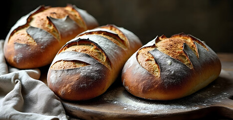Rustic composition of freshly baked artisan bread loaves on a wooden board, 