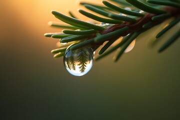 Water droplet on pine needle reflecting trees in a forest scene view