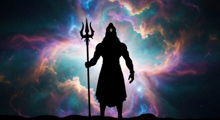 Silhouette of divine hindu deity shiva against a colorful galactic background illustration