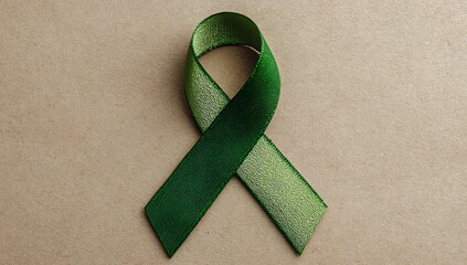 Dark Green Awareness Ribbon on Kraft Paper, A dark green awareness ribbon, with a subtle textured pattern, is laid flat on a piece of kraft paper.