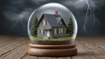 Happy home protection life insurance loan for your dream house in a crystal sphere capturing joy and security