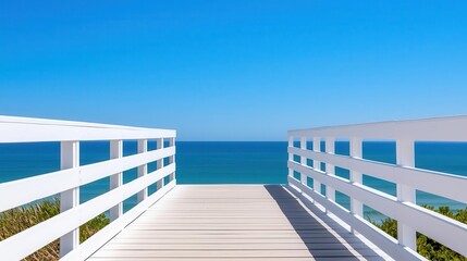 Scenic wooden boardwalk leading to a beach with stunning ocean views, inviting travel destination