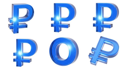 Obraz premium 3D rendered blue Ruble currency symbols in various perspectives on a white background for financial themes stock photography