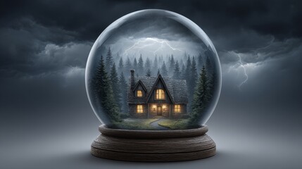 Happy family home insurance loan protection in a crystal sphere surrounded by nature's beautiful environment