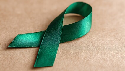 Dark Green Awareness Ribbon on Kraft Paper, A dark green awareness ribbon, with a subtle textured pattern, is laid flat on a piece of kraft paper.