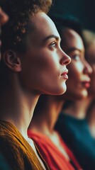 Diverse women in profile, gazing forward with strength and unity, lit with dramatic contrast