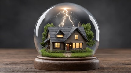 Happy home protection life insurance loan for your house in a crystal sphere during a storm