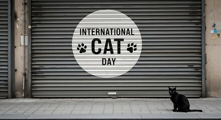 Black cat sits before international cat day mural