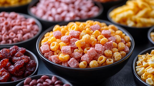 Assorted colorful breakfast cereal in bowls.
