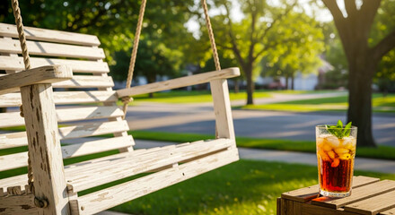 A glass of iced tea rests next to a white wooden porch swing on a sunny summer afternoon. A peaceful, nostalgic scene of relaxation, slow living, and the quiet comfort of a suburban neighborhood.