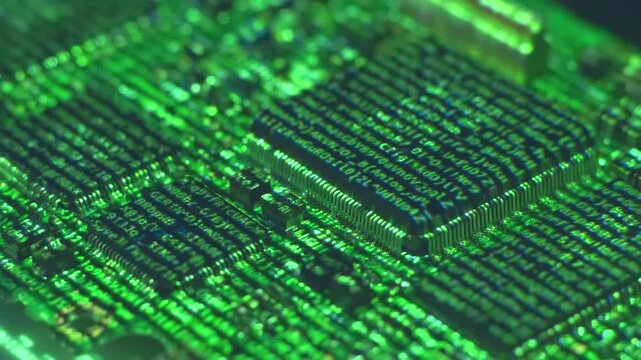 Lines of program code moves on a microchips in a circuit board, symbolizing the operation of an electronic device. Closeup. Macro. Follow focus. Shallow depth of field