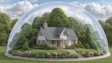 Happy home protection dreamy dome shelter for house in nature life insurance and loan security concept