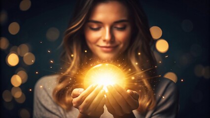 Young woman holding glowing orb with sparkles hands