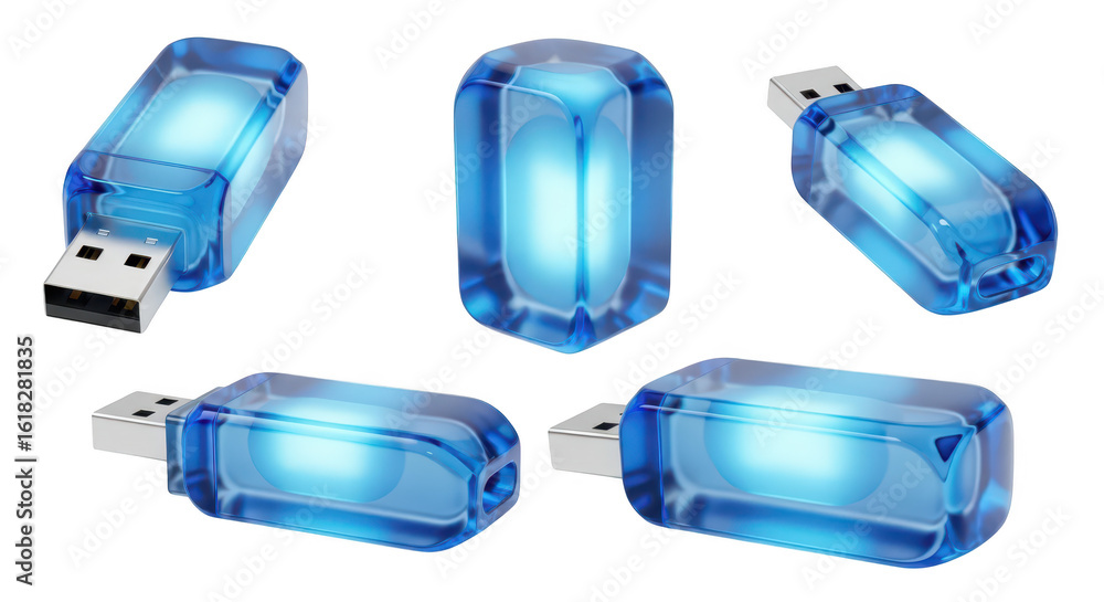 Poster several blue translucent glowing usb flash drives on white background representing data storage and 