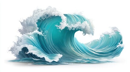 A powerful turquoise ocean wave crashes with foamy white spray against a bright, clean background.