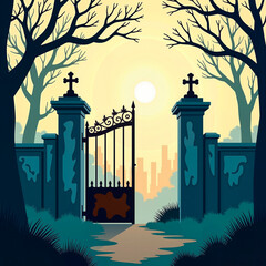 Gate entrance to a graveyard with trees and sunset for Halloween  