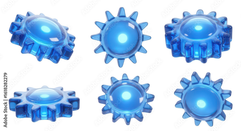 Poster six translucent blue cogwheel-shaped 3d models floating arranged to showcase angles with a white bac