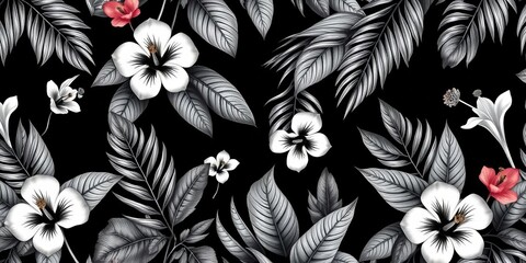 Monochrome exotic monstera, palm, & hibiscus seamless pattern  Stylish vintage tropical print on dark background, modern, minimal