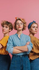 Women of different ages strike power poses in vintage-inspired outfits against a pink background, celebrating unity and strength