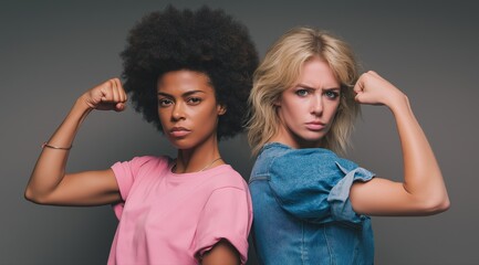 Confident women flexing their arms back-to-back, showing empowerment and strength against a neutral background