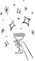 Cheers Celebration Hand Holding Champagne Glass with Sparkling Stars