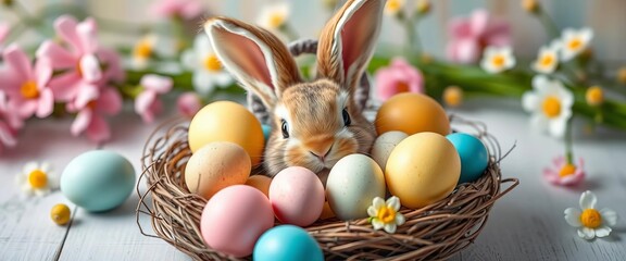 Pastel eggs playfully nestled around a bunny headband; a charming spring scene, joy, background