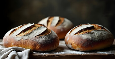Rustic composition of freshly baked artisan bread loaves on a wooden board, 