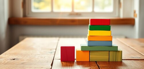 Rainbow wooden blocks pyramid playfully stacked on rustic table, sunlit window background,  learning,  object