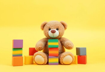 Rainbow blocks playfully stacked around a teddy bear on sunny yellow background,  stacking,  kid