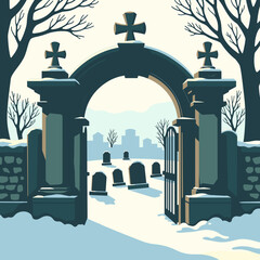 Snow-covered cemetery gate with gravestones and winter trees, Concept of Halloween    