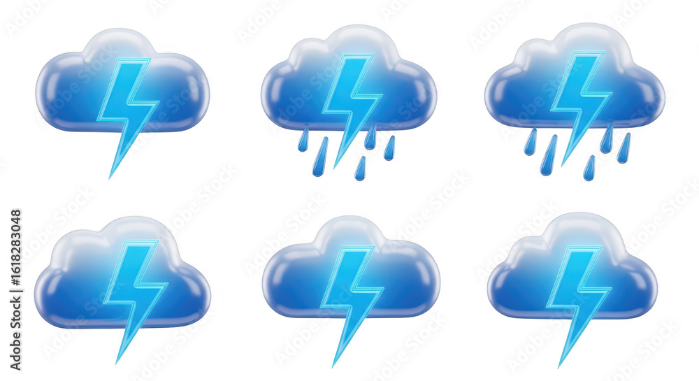 Poster 3d weather icons showing storm clouds with lightning rainfall and transparency against a white backd