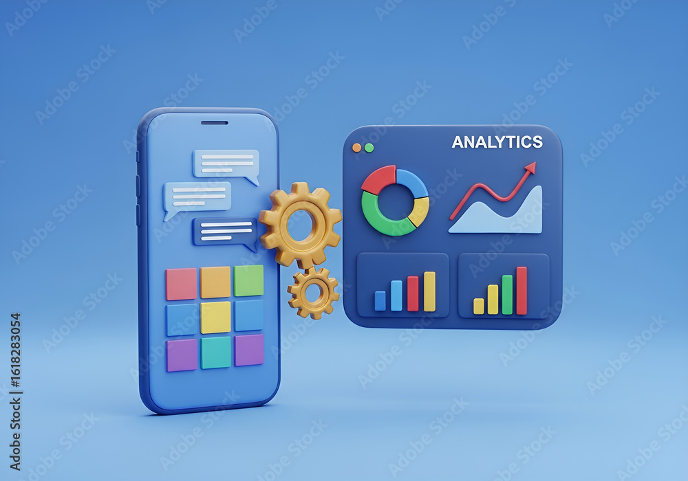 Poster 3d rendering conceptual image 3d illustration of a smartphone connected to an analytics dashboard wi