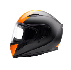 Fototapeta premium Black motorcycle helmet with an orange accent on a white background, png, transparent